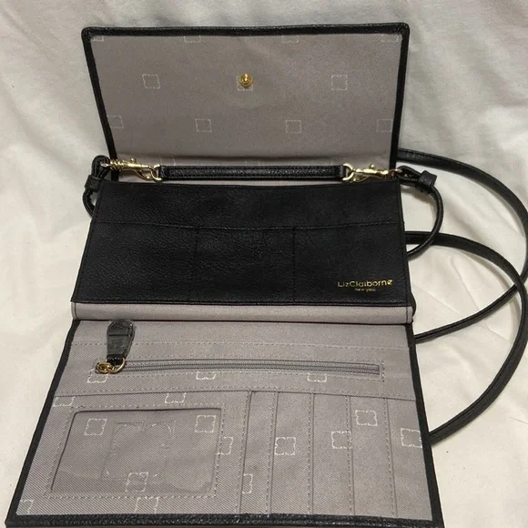 LizClaiborne leather Clutch Purse Shoulder Strap Black Leather multi pockets - Picture 3 of 8